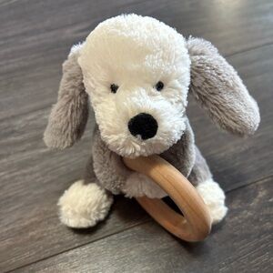 Jellycat Plush Puppy Toy with Wooden Ring - Cream & Gray